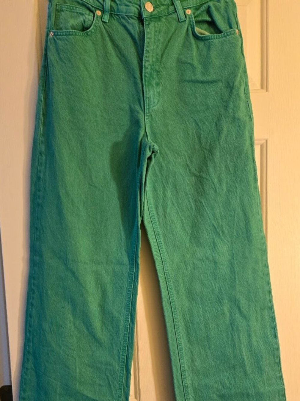 ZARA Emerald Green High Waisted Wide Leg Jeans Raw Hem